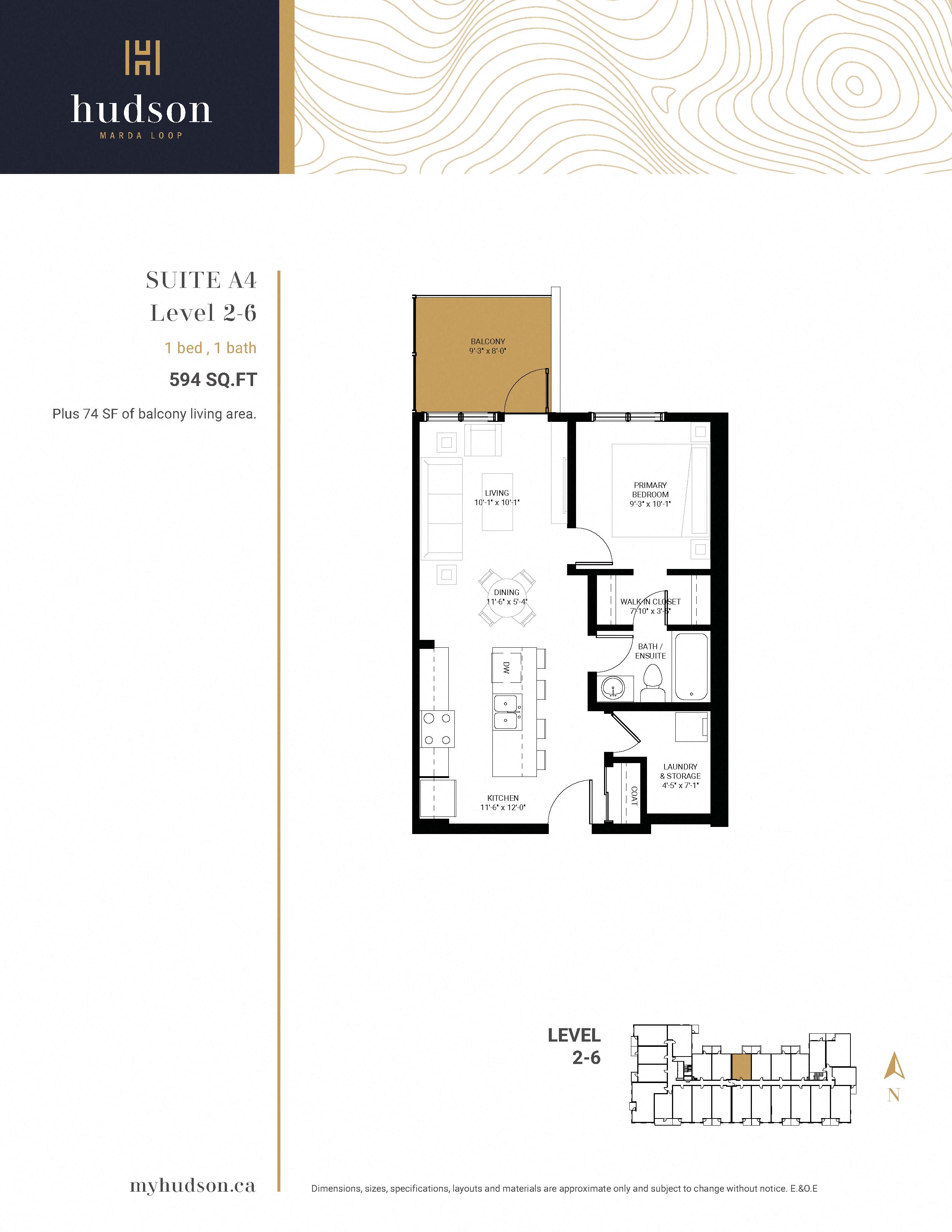 Floor plan for 1 bed, 1 bath, 594 sqft